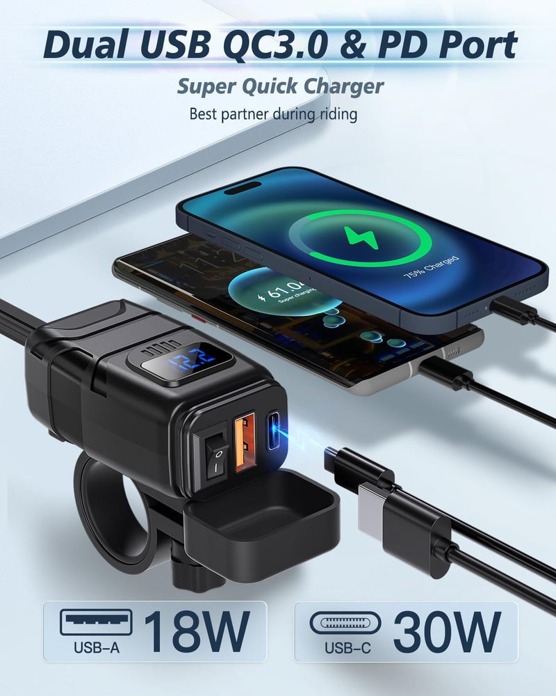 EXTRACTME Motorcycle Phone Charger, 6.4A Dual USB Type C PD & Quick Charge 3.0 Motorcycle USB Charger with Voltmeter & ON/Off Switch, Waterproof Motorcycle Accessories for Phone, Tablet, etc - Blue - Image 2